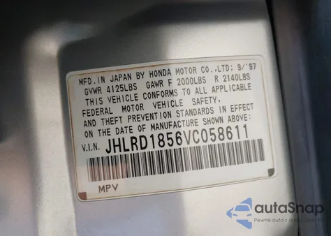 1997 Honda Cr-V из США, поврежденный, VIN JHLRD1856VC058611